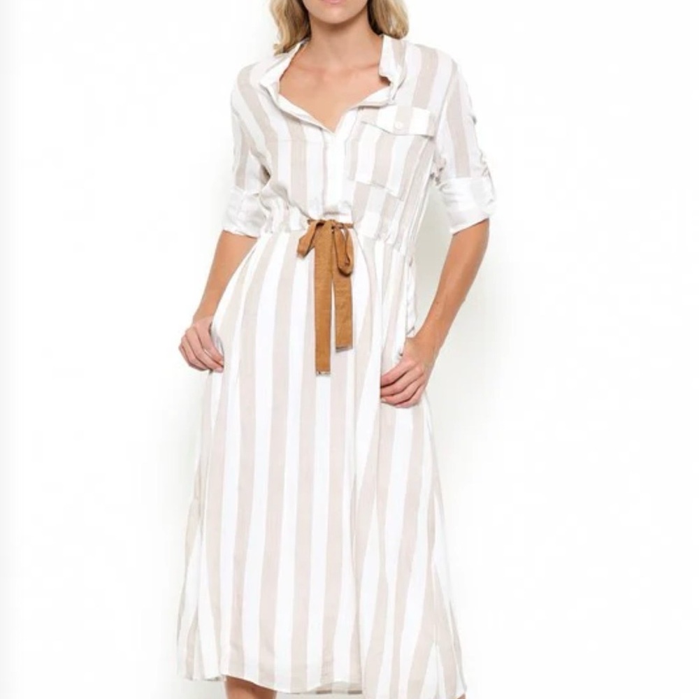 Esley  BEIGE STRIPED‎ WHITE SHIRT DRESS M